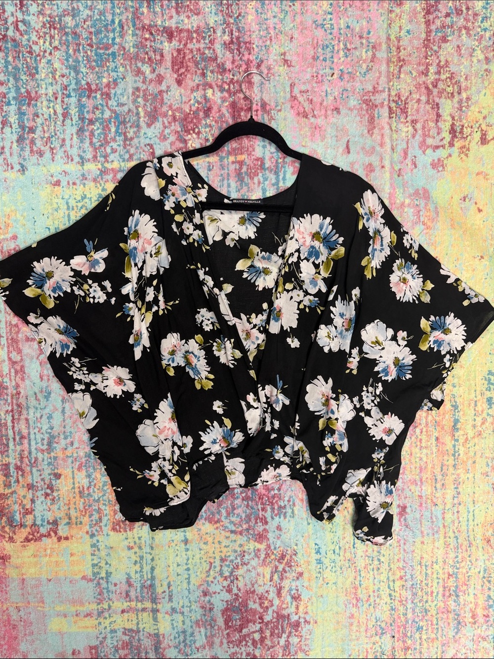 Brandy Melville Black Floral V-Neck Top